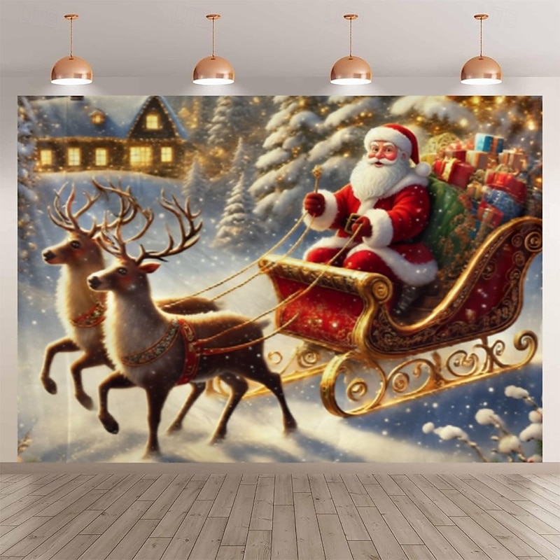 Christmas Hanging Tapestry Santa Claus with Reindeer Christmas Tree and Gift Boxes Large Wall Art Mural Decor Blanket Curtain Holiday Home Bedroom Living Room Festive Seasonal Decoration2
