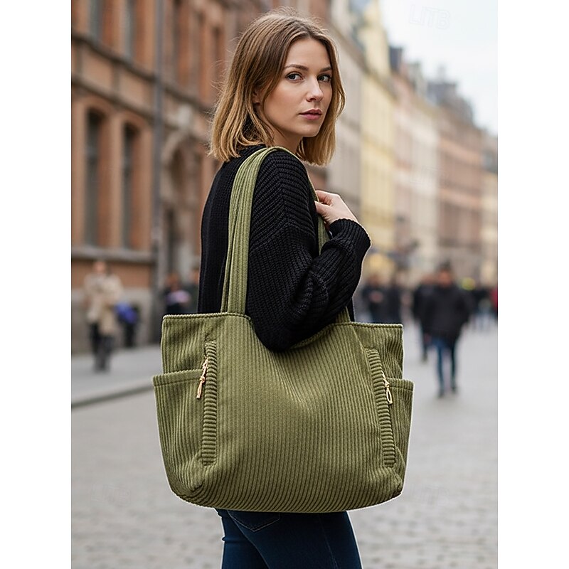 Women's Corduroy Tote Bag, Large Capacity Casual Vintage Shoulder Handbag, Lightweight Shopping Travel Work Purse for Ladies