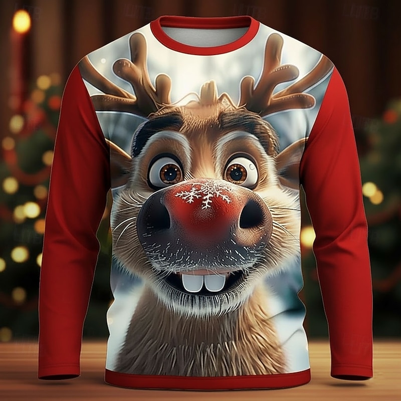 Christmas Men's Elk Funny T Shirt Long Sleeve T shirt 3D Print Crew Neck Shirt Fashion Basic 3D Street Casual Daily Black Red Blue Summer Spring Clothing Apparel S M L XL XXL XXXL