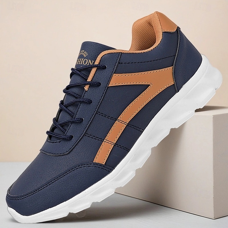 Men's Navy and Brown Casual Sneakers with Contrast Stripes, Comfortable Lightweight Walking Shoes for Travel, Streetwear and Daily Use