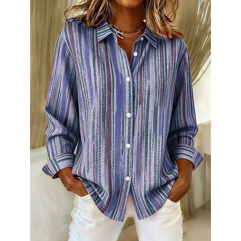 Women's Shirt Blouse Graphic Geometric Striped Casual Long Sleeve Shirt Collar Regular Tops Daily Patchwork Buttons Print Blue Orange Green Spring Fall Winter3