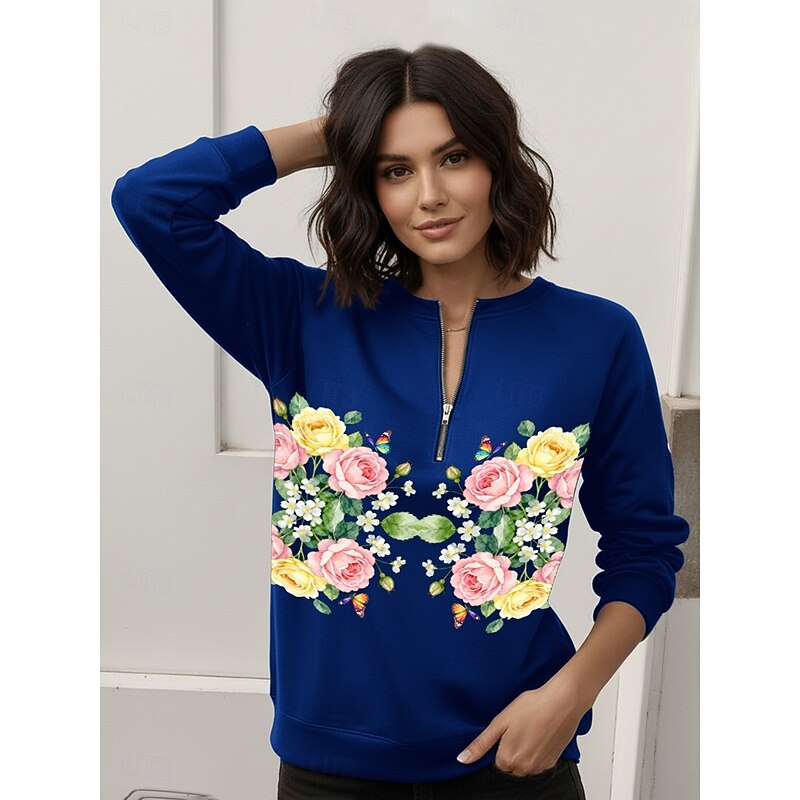 Women's Pullover Sweatshirt Zip Up Sweatshirts Floral Fashion Casual Long Sleeve Crew Neck Regular Tops Street Dailywear Casual Zipper Print Navy Blue Blue Army Green Spring Fall Winter2
