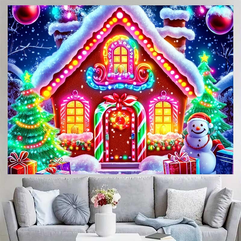 Christmas Hanging Tapestry Neon Gingerbread House with Christmas Tree Large Wall Art Mural Decor Blanket Curtain Holiday Home Bedroom Living Room Festive Seasonal Winter Holiday Decoration4