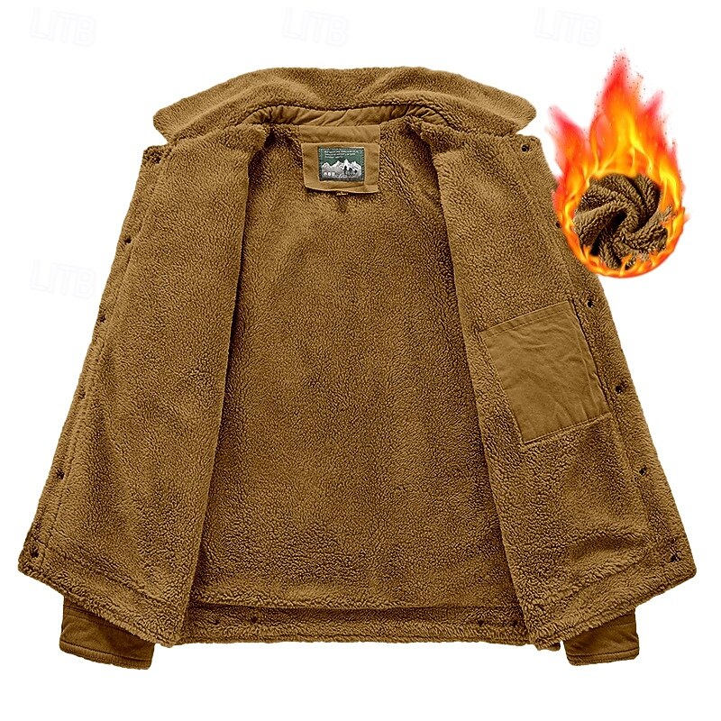 Men's Fleece Jacket Cargo Jacket Chore Jacket Formal Home Windbreaker Durable Pocket Fleece Collar Fall Winter Solid Color Active Vintage Collar Regular Navy Blue Dark Green Khaki Jacket2