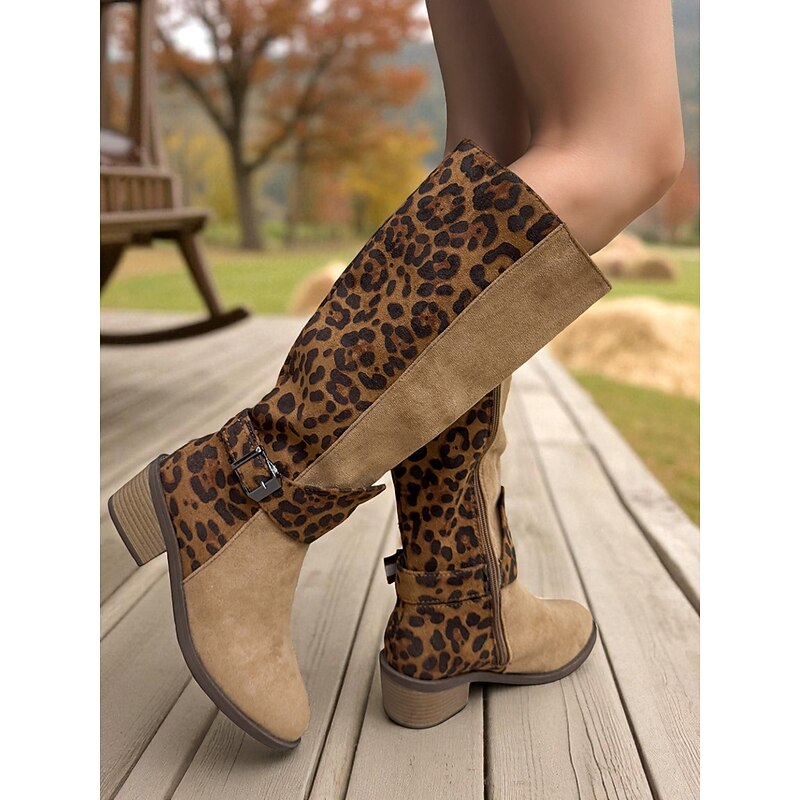 Women's Leopard Print Knee High Boots – Chic Faux Suede Riding Boots for Weekend Getaways and Casual Wear4