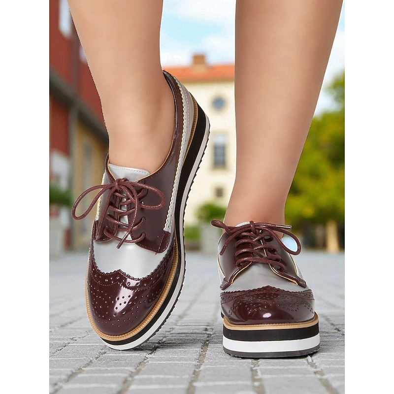 Women's Burgundy and White Patent Faux Leather Oxford Platform Shoes with Brogue Detailing - 1950s Vintage Chunky Lace-Up Dress Shoes for Ladies, Perfect for Parties, Work & Casual Fashion