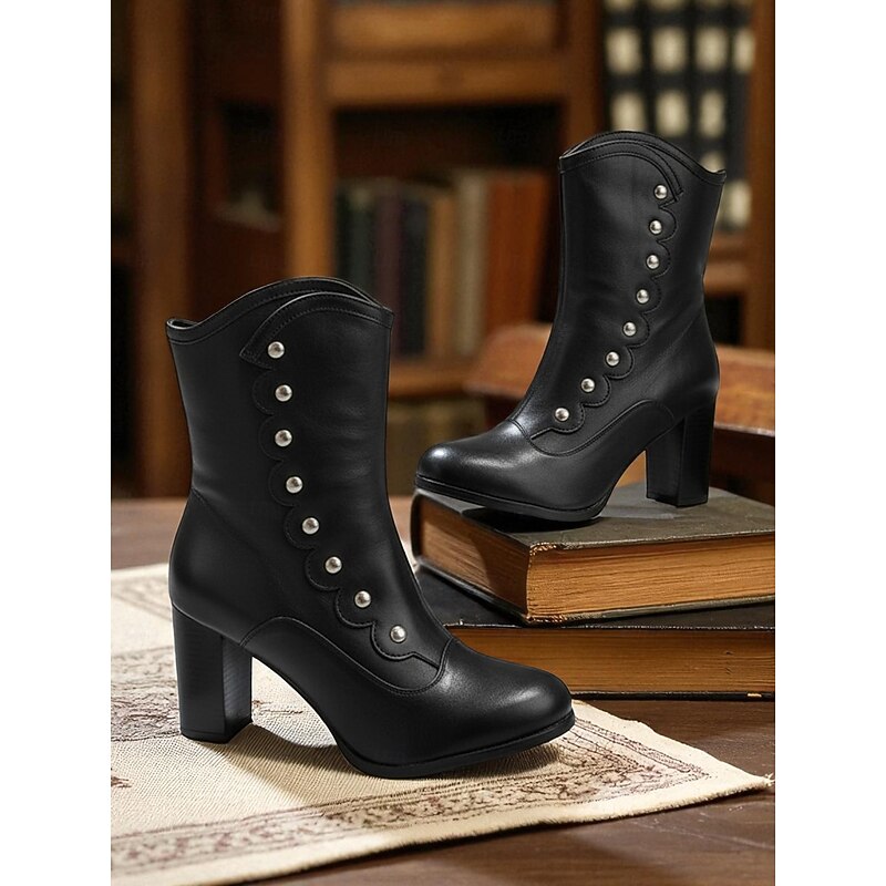 Women's Black and White Victorian Button Boots with Scalloped Trim and Block Heel - 1920s Edwardian Gothic Style Ankle Boots for Ladies, Ideal for Cosplay, Steampunk & Retro Outfits - Main Image