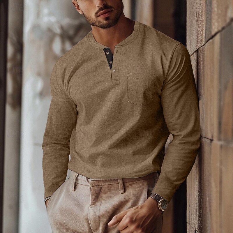 Men's Henley Shirt Tee Long Sleeve Henley Collar Henley Summer Spring All Seasons Solid Color Plain Vintage Fashion Retro Pocket 2 in 1 Buttons Outdoor Vacation Causal Black Blue Pink Top Tee for Men2
