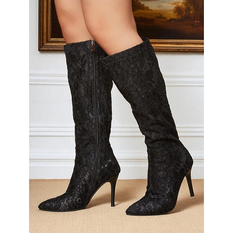 Women's Black Lace Knee-High Stiletto Boots - Elegant Gothic Style High Heel Dress Boots for Ladies, Perfect for Evening Parties, Fashion & Formal Occasions