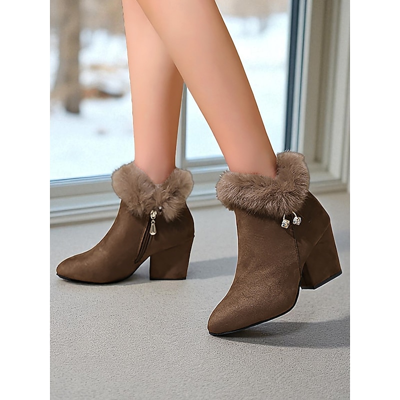 Women's Brown Faux Suede Block Heel Ankle Boots with Plush Fur Collar and Rhinestone Charm - Warm Winter Dress Boots for Work and Holiday4