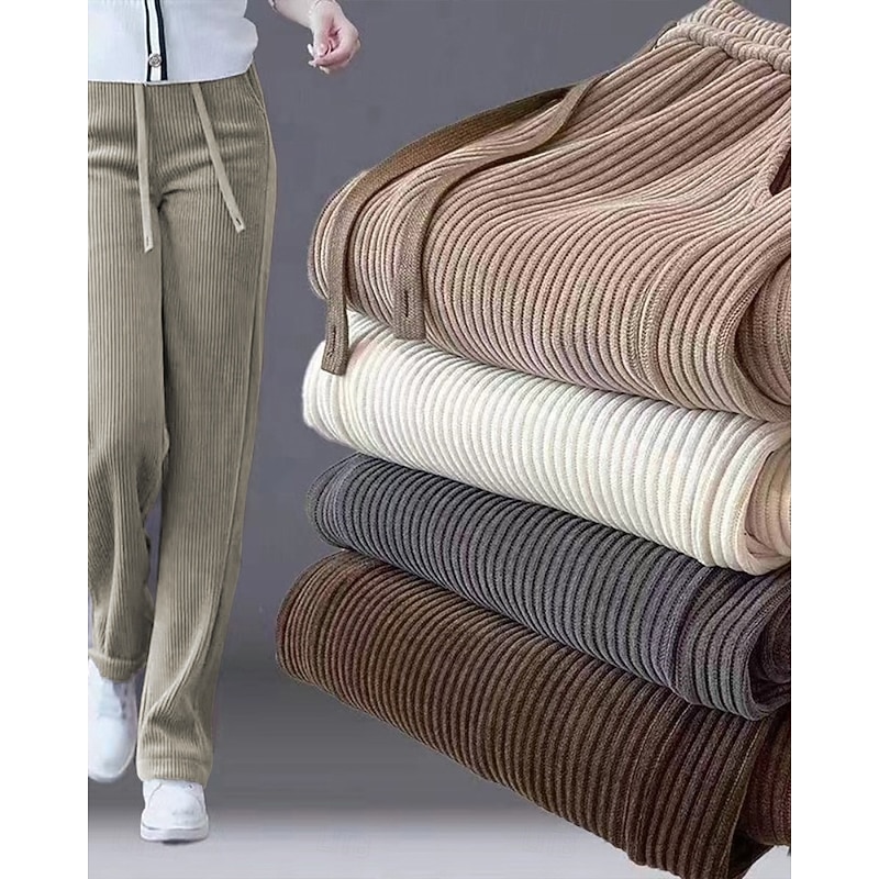 Women's Corduroy Pants Slacks Straight Streetwear Casual Full Length Natural Plain Elastic Drawstring Design Comfortable Street Holiday Weekend Dark-Gray Black Khaki Fall Regular Fit2