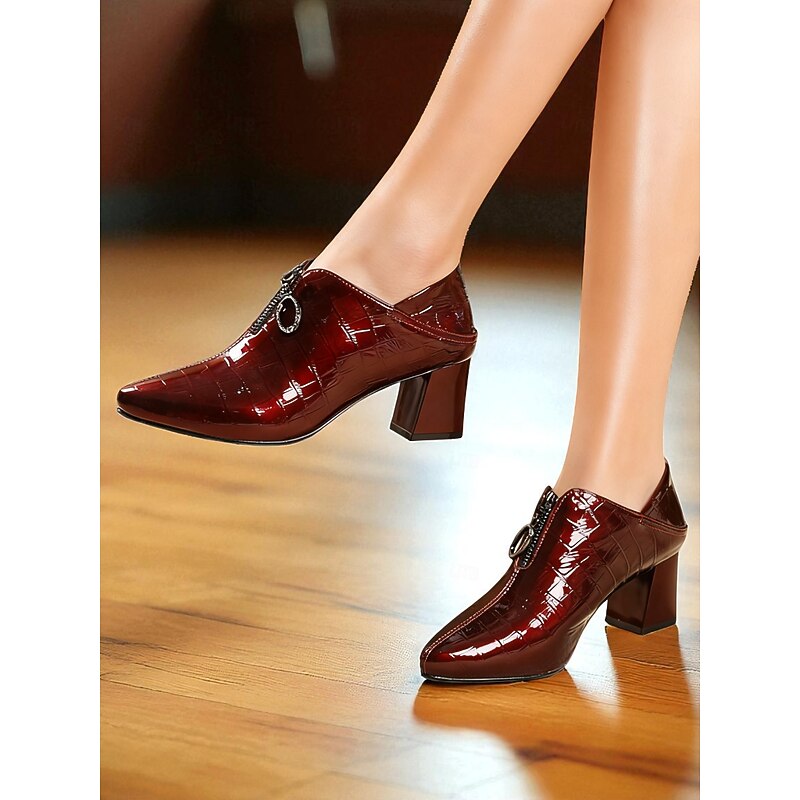 Women's Genuine Leather Latin Dance Shoes, Burgundy Croc-Embossed Block Heel Ballroom Footwear for Professional Salsa & Party Performances