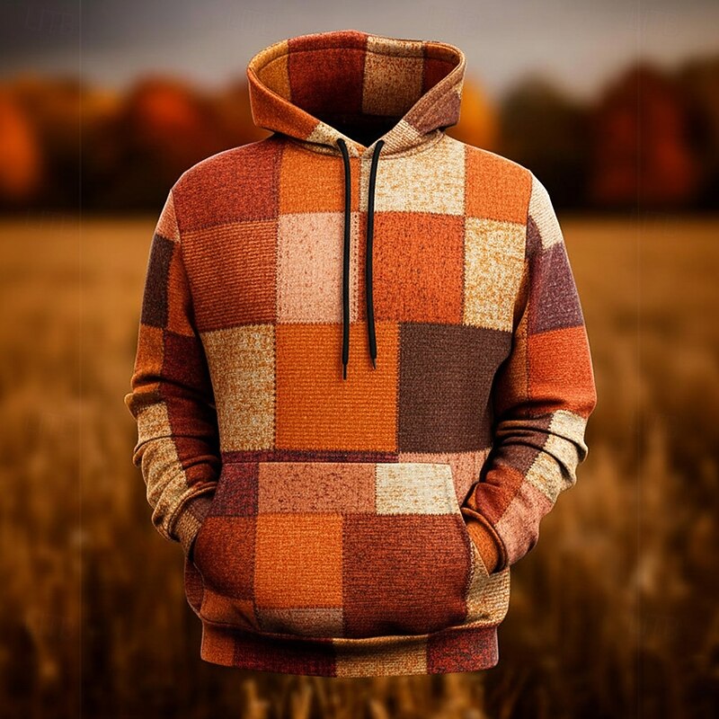 Men's Geometric Plaid Hoodie Sweatshirt Fashion Daily Crew Neck Home Party Streetwear Orange Brown Drawstring Fall Winter Designer2