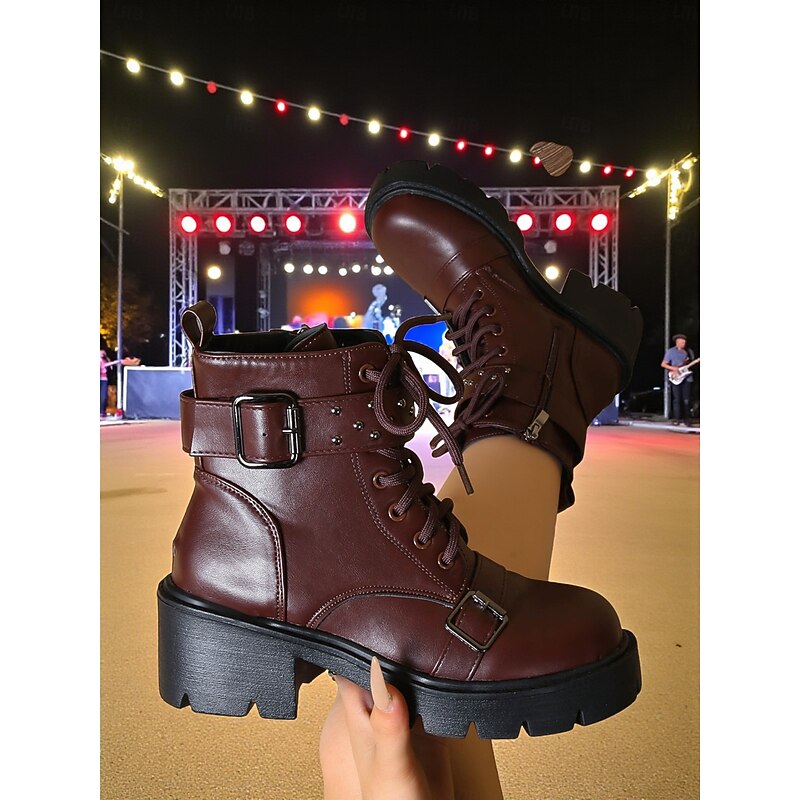 Women's Brown Faux Leather Platform Biker Boots with Buckle Straps, K-Pop Idol Stage Performance Chunky Heel Lace-Up Boots for Dance Shows & Streetwear Fashion2