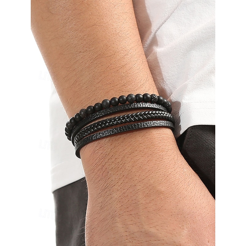 Men's Alloy Faux Leather Beaded Bracelet Set, Multi-Layer Braided Wristband with Magnetic Clasp, Fashion Punk Jewelry for Casual, Party & Gift4
