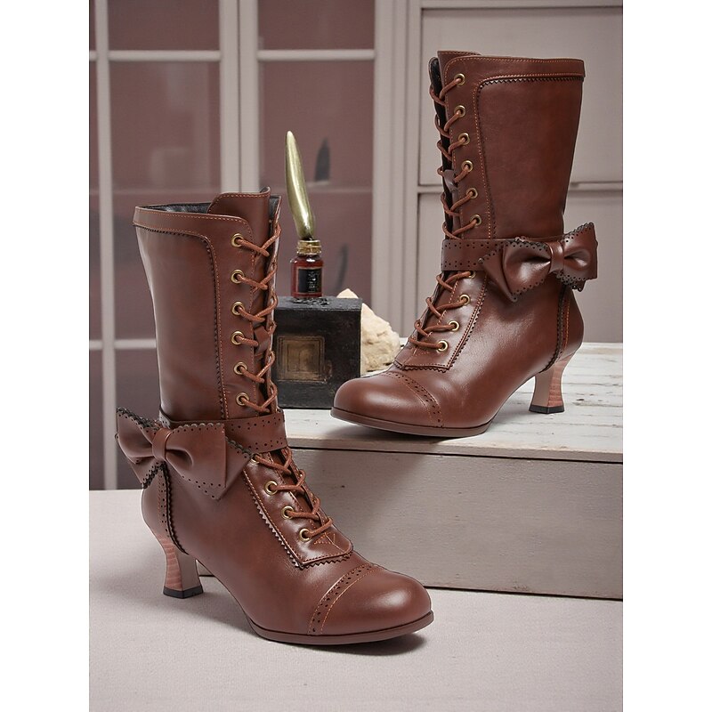 Women's Brown 1920s Victorian-Inspired Lace-Up Boots with Bow Detail, Elegant Mid-Heel Design, Perfect for Tea Parties, Cosplay, and Special Occasions2