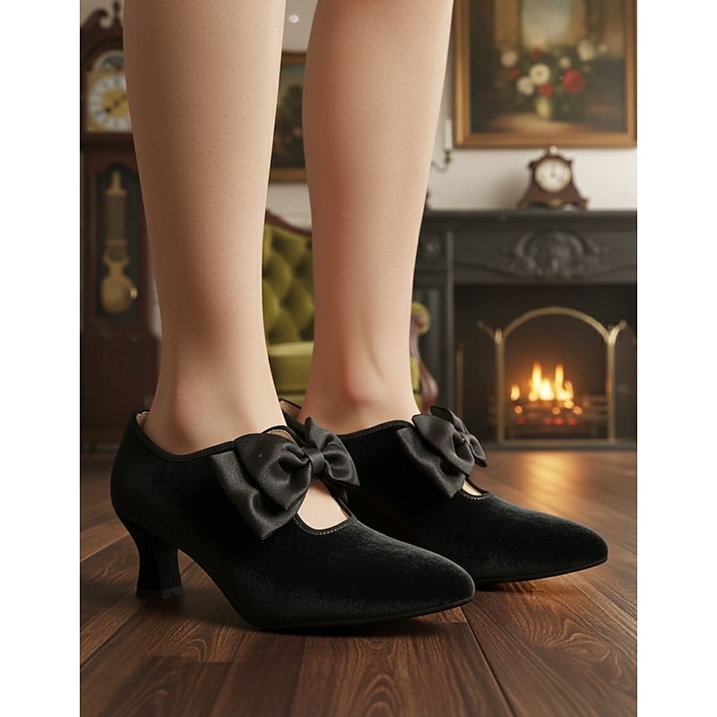 Women's Black Velvet Kitten Heel Shoes with Black Bow - Vintage Victorian Style Dress Pumps for Ladies, Perfect for Weddings, Gatsby Parties & Formal Evening Outfits2