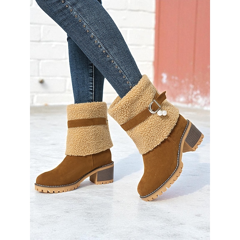 Women's Brown Faux Suede Fur Cuff Boots – Warm Block Heel Winter Shoes for Outdoor, Work and Casual Wear
