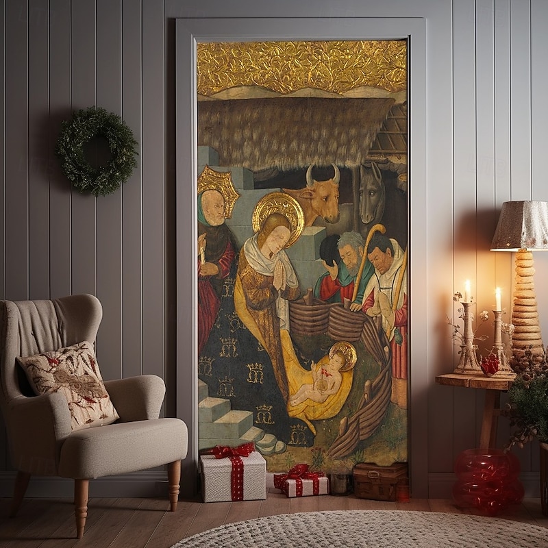 Christmas Door Cover Winter Holiday Decoration Drapes with Nativity Scene Featuring Baby Jesus Virgin Mary and Saint Joseph Print for Home Entryway Living Room Bedroom Indoor Outdoor