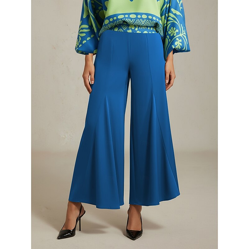 Women's Wide Leg Pants Blue Satin Elastic Waist Pleated Loose Elegant Fit Spring Summer Autumn