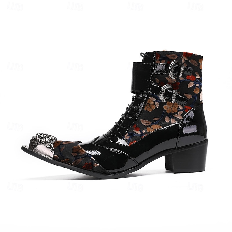 Men's Black Genuine Leather Floral Gothic Boots with Metal Toe Cap and Lace-Up Design, Cowhide Stage Performance Cowboy Boots for Rock and Nightclub Style3