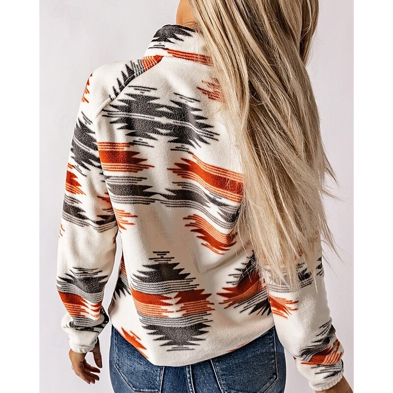 Women's Sweatshirts Geometric Fashion Ethnic Casual Long Sleeve High Neck Regular Tops Street Dailywear Casual Pocket Buttons Navy Blue Blue Green Gray Fall Winter2