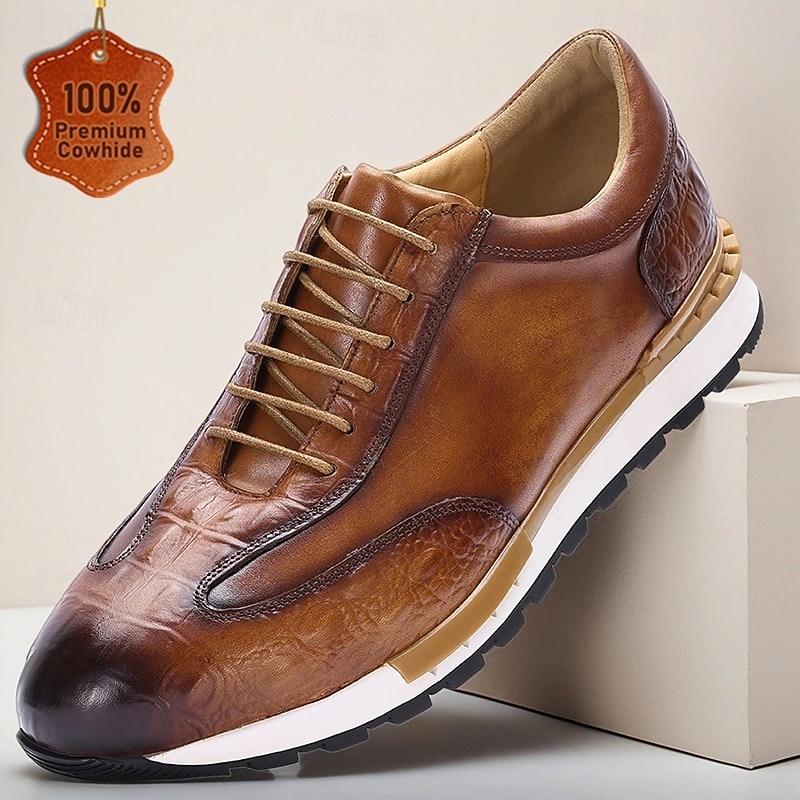 Men's Tan Genuine Leather Crocodile Pattern Sneakers with Lace-Up Closure and Flexible Sole, Luxury Casual Dress Shoes for Parties and Business Casual Outfits