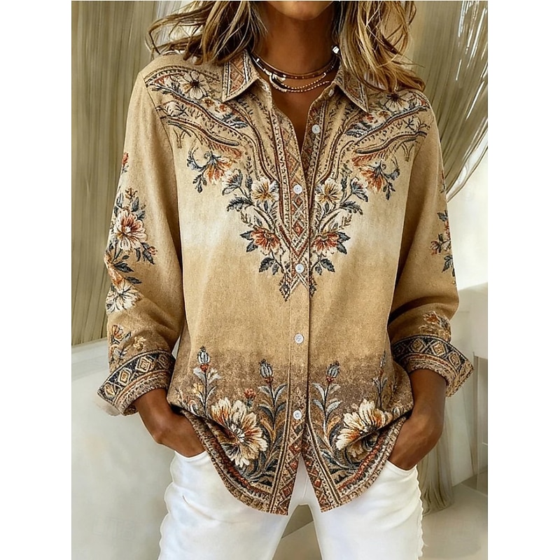 Women's Shirt Blouse Floral Graphic Geometric Bohemia Vintage Casual Long Sleeve Shirt Collar Regular Tops Daily Patchwork Buttons Print Orange Brown Green Spring Fall Winter