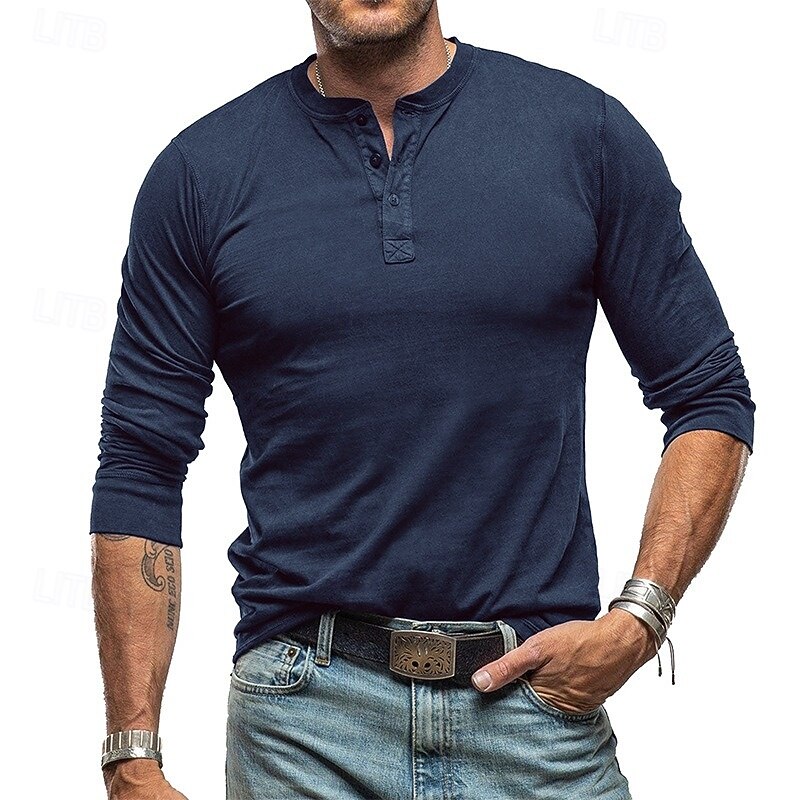 Men's Henley Shirt Tee Henley Top Long Sleeve Solid Color Plain Solid Vintage Fashion Designer Color Block Buttons Henley Outdoor Casual Daily Summer Spring All Seasons Dark Brown Wine Navy Blue3