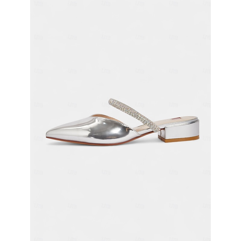 Women's Silver Metallic Pointed Toe Mules - Slip-On Low Heel Pumps with Rhinestone Strap for Cocktail Parties & Evening Events4