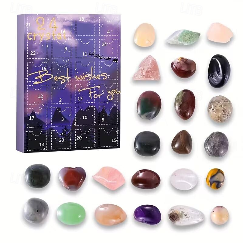 Advent Calendar Mineral Crystal Gemstone Christmas Gift Box Calendar Box Suitable for Collection or Home Decoration Surprising Holiday Gift Suitable for Family Suitable for Christmas Halloween Easter Home Decoration