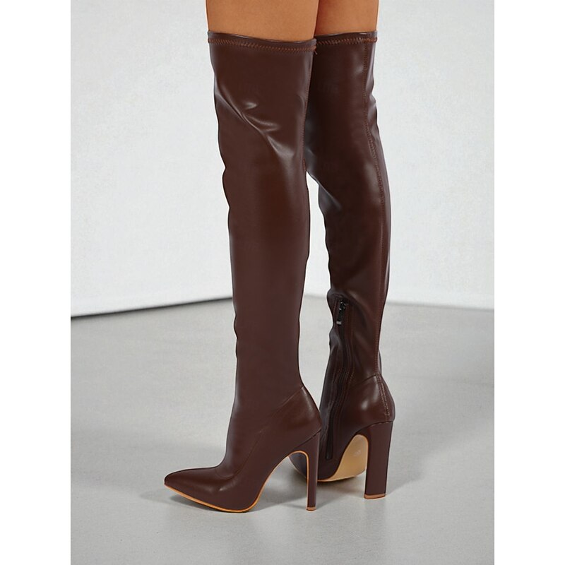 Women's Brown Faux Leather Over the Knee Boots - Pointed Toe High Heel Stiletto Thigh High Boots for Fashion, Parties & Night Out3