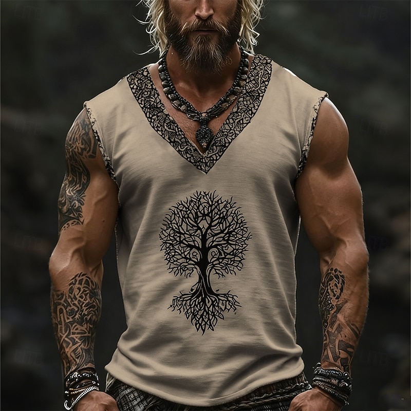 Men's Tank Top Vest Top Undershirt Sleeveless Shirt Sleeveless V Neck Summer Tree Vintage Designer Basic Print Vacation Street Going out White Blue Green Top Tee for Men