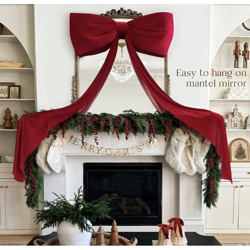 6 Ft Giant Bows for Christmas Tree Big Red  White Velvet Bow for Tree Topper Window Wall Mantle - Indoor Home Room Party Valentines Xmas Decoration2