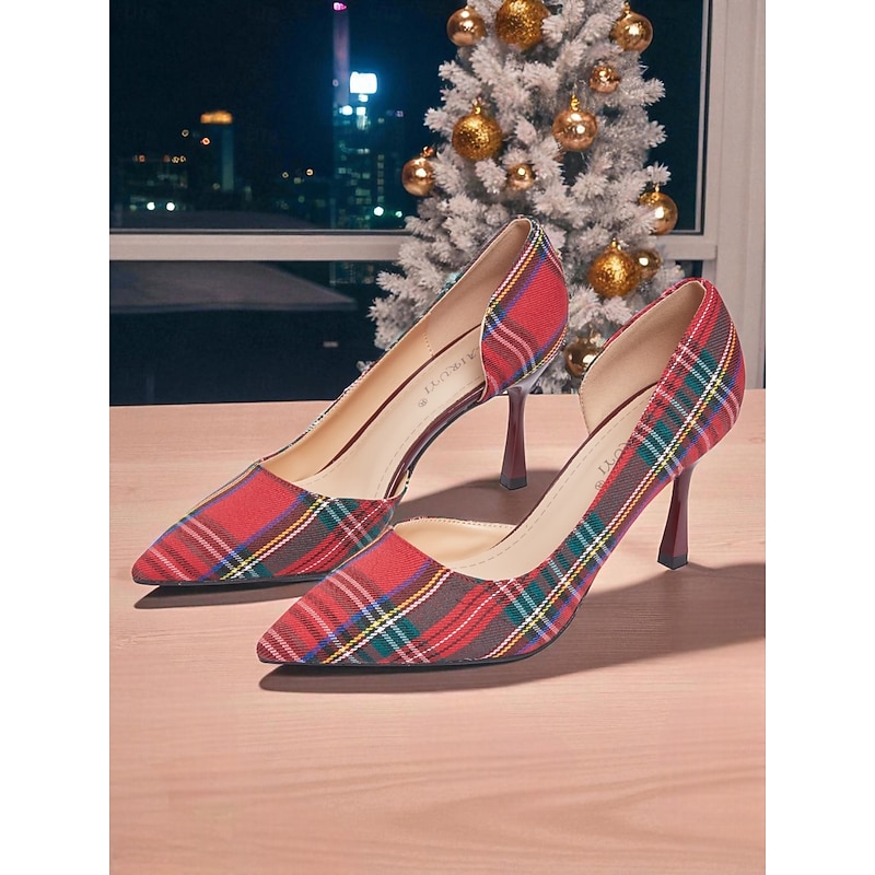 Women's Red Plaid Pointed Toe High Heel Pumps, Festive Tartan Stiletto Shoes for Christmas Party & Holiday Outfits4