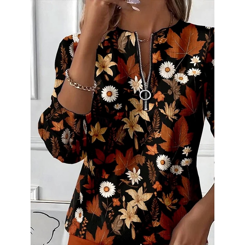Women's Pullover Sweatshirt Zip Up Sweatshirts Floral Graphic Fashion Casual Long Sleeve Crew Neck Round Neck Regular Tops Street Dailywear Zipper Print Brown Fall Winter2