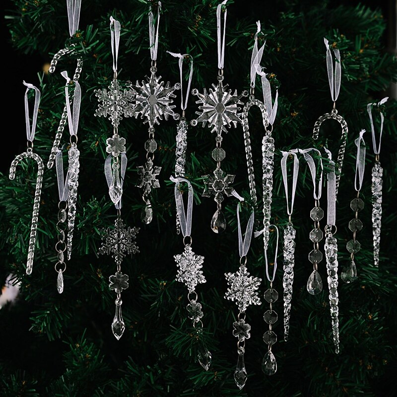 20pcs Christmas Crystal Hanging Ornaments, Transparent Acrylic Icicle and Snowflake Decorations for Xmas Tree, Holiday Home Decor