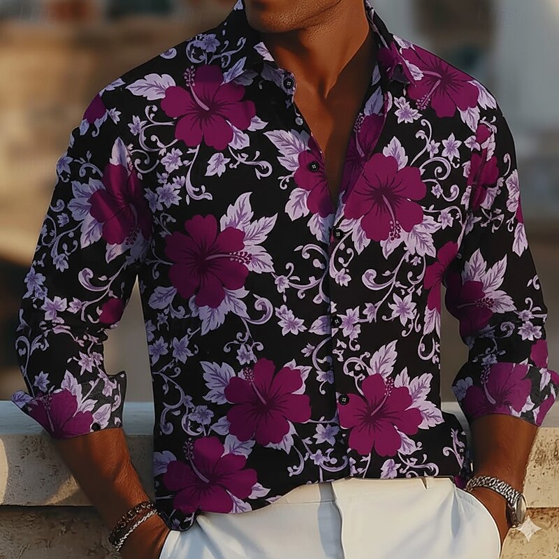 Men's Floral Print Flowers Shirt Button Up Shirt Long Sleeve Fashion Casual Holiday Casual Daily Spring Fall Turndown 3D Print Collared Shirts Purple Green Rose Red3