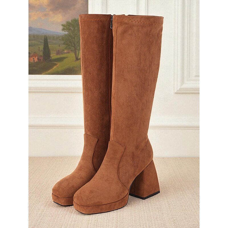 Women's Brown Suede Knee-High Platform Boots, 1980s Retro Block Heel Long Boots for Fall & Winter Outfits, Parties & Street Fashion3