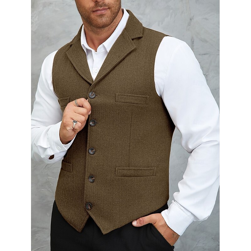 Men's Tweed Vest Waistcoat Formal Wedding Vacation Daily Fashion Classic Spring Fall Pocket Buttons Tweed Polyester Comfortable Plain Herringbone Single Breasted Notch lapel collar Regular Fit Black3