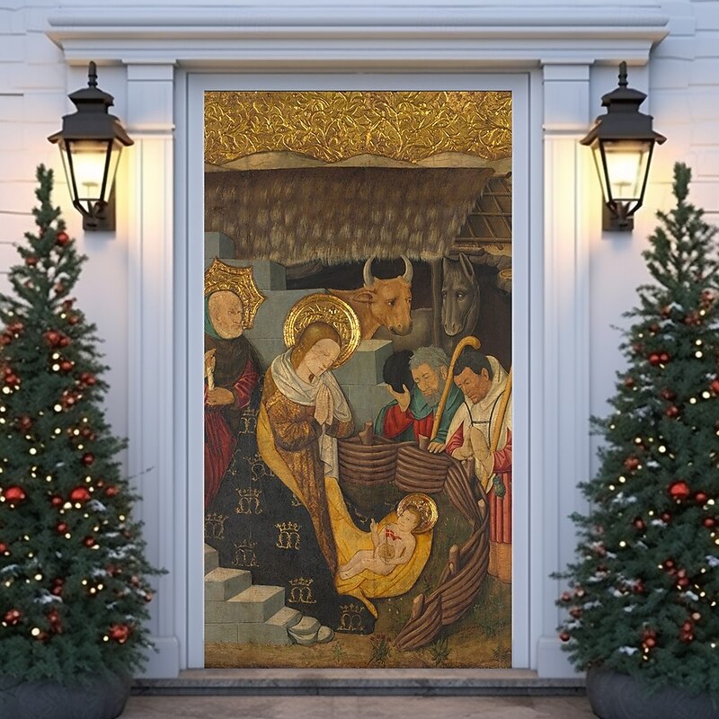 Christmas Door Cover Winter Holiday Decoration Drapes with Nativity Scene Featuring Baby Jesus Virgin Mary and Saint Joseph Print for Home Entryway Living Room Bedroom Indoor Outdoor2