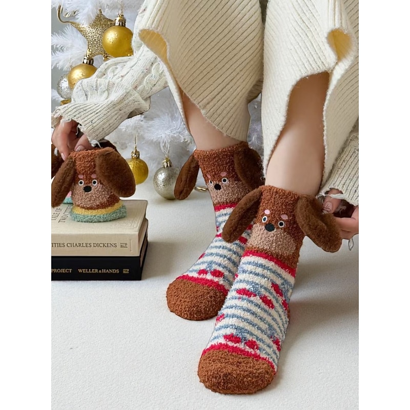 Women's Christmas Cozy Fuzzy Socks, Cute Dog Design Warm Winter Homewear Slippers for Holiday Lounging & Gifts