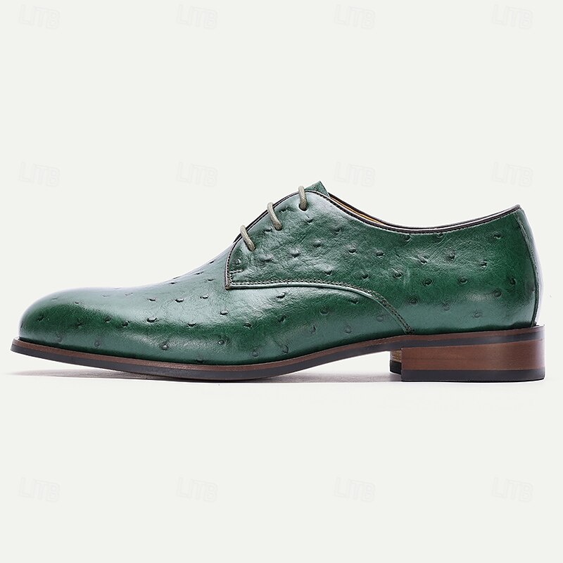 Men's Green Genuine Leather Ostrich Pattern Oxford Shoes with Lace-Up Closure, Elegant Handmade Dress Shoes for Formal Events and Business Occasions3