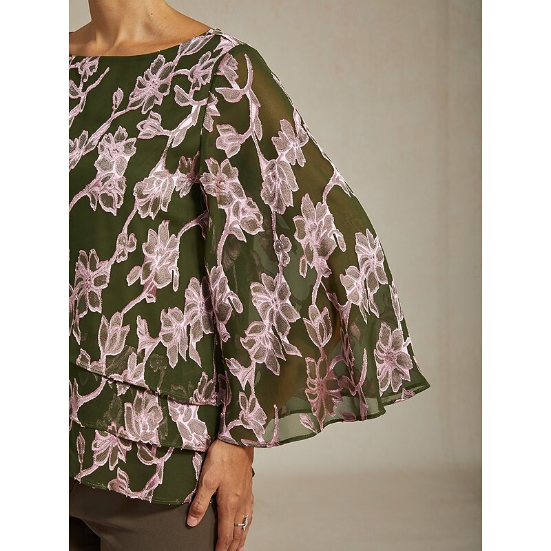 Women's Blouse Chiffon Tops Floral Elegant Stylish Casual Crew Neck Regular Tops Wedding Guest Date Night Outfits Cocktail Attire Lace Green Spring Fall Winter2