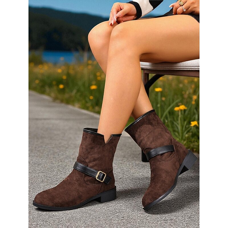 Women's Dark Brown Faux Suede Mid-Calf Boots with Black Buckle Straps, City Nomadic Style Outdoor Riding Boots for Fall Winter Casual Wear4