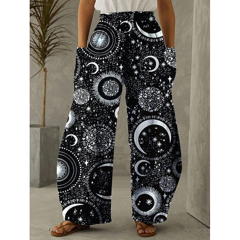 Women's Wide Leg Chinos Pants Trousers Vacation Vintage Ethnic Style Full Length High Waist Graphic Abstract Pocket Elastic Waistband Print Comfy Breathability Inelastic Vacation Casual Daily Black3