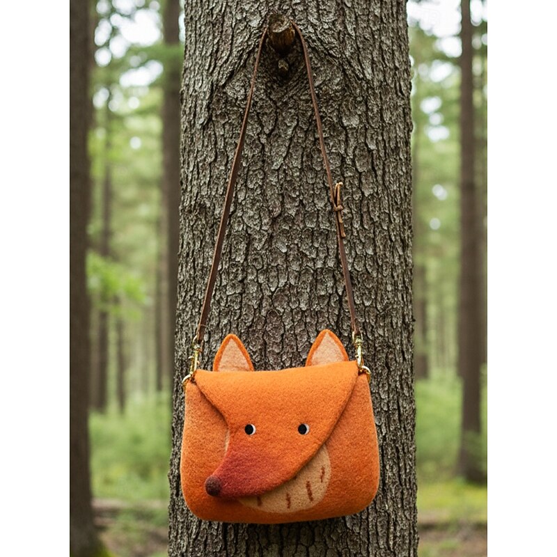 Women's Felt Crossbody Bag, Cute Fox Shape Shoulder Purse, Vintage Handmade Animal Design Handbag for Ladies Casual Daily Travel