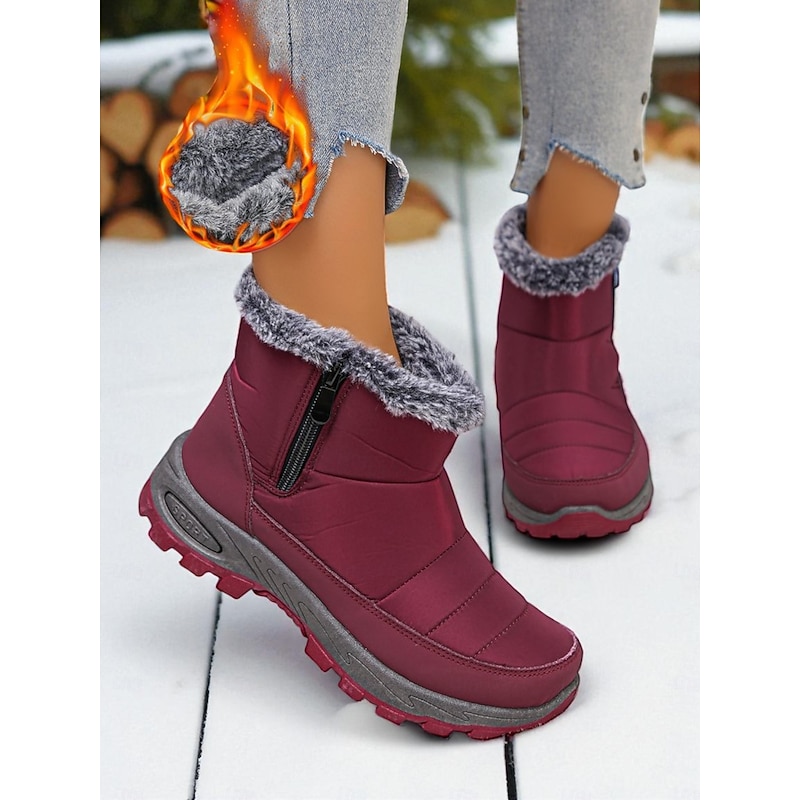 Women's Burgundy Waterproof Snow Boots with Faux Fur Lining and Side Zipper, Warm Winter Ankle Boots for Outdoor Walking & Hiking3