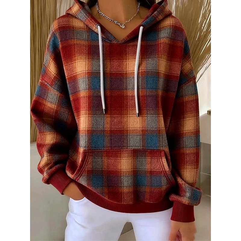 Women's Pullover Hoodie Sweatshirt Graphic Geometric Plaid Warm Vintage Casual Long Sleeve Hooded Regular Tops Street Dailywear Casual Print Front Pocket Maroon Wine Orange Brown Green Spring Fall3