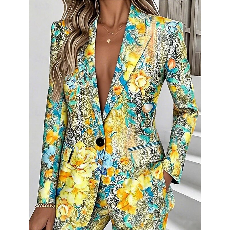 Women's Blazer Warm Pocket Buttons Daily Casual Floral Formal Casual Regular Notch Lapel Regular Fit Long Sleeve Outerwear Yellow Blue Green Spring Fall3